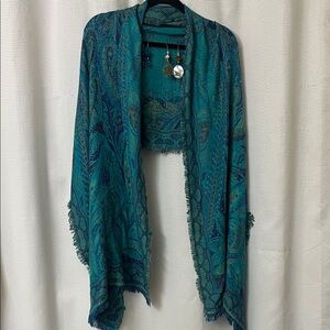 Mother's Day Gift Set Teal Paisley Pashmina Weave Shawl Wrap 2 Pairs Earrings